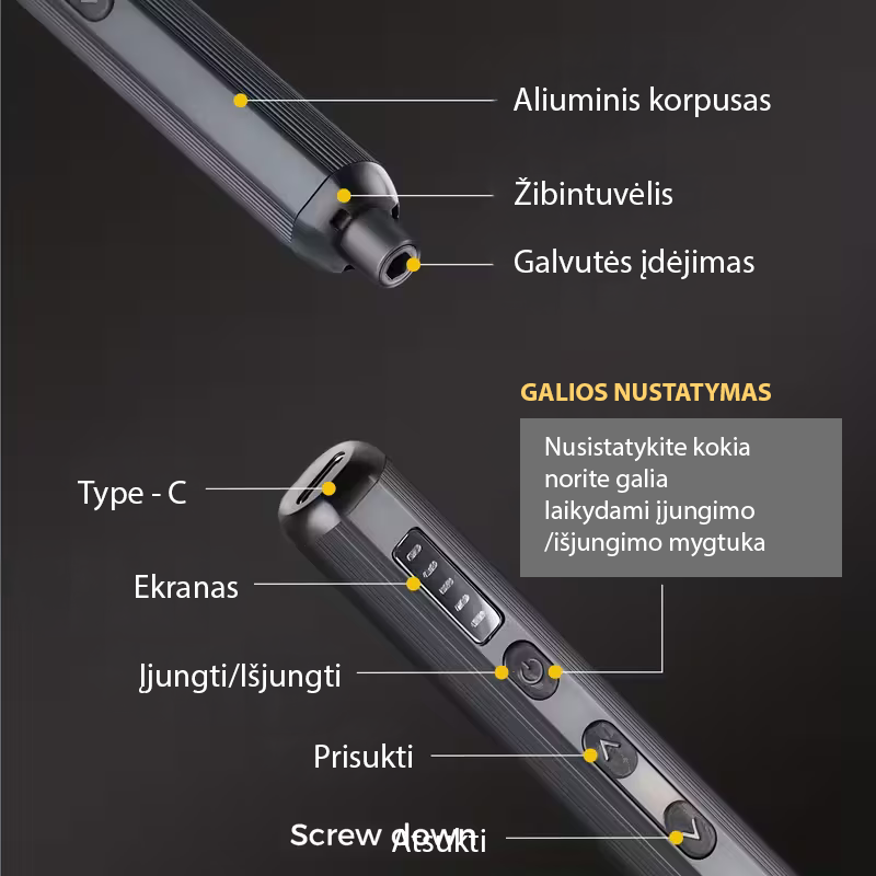 Elektrinis tikslus atsuktuvas, 46 bitų rinkinys. (nauja versija)